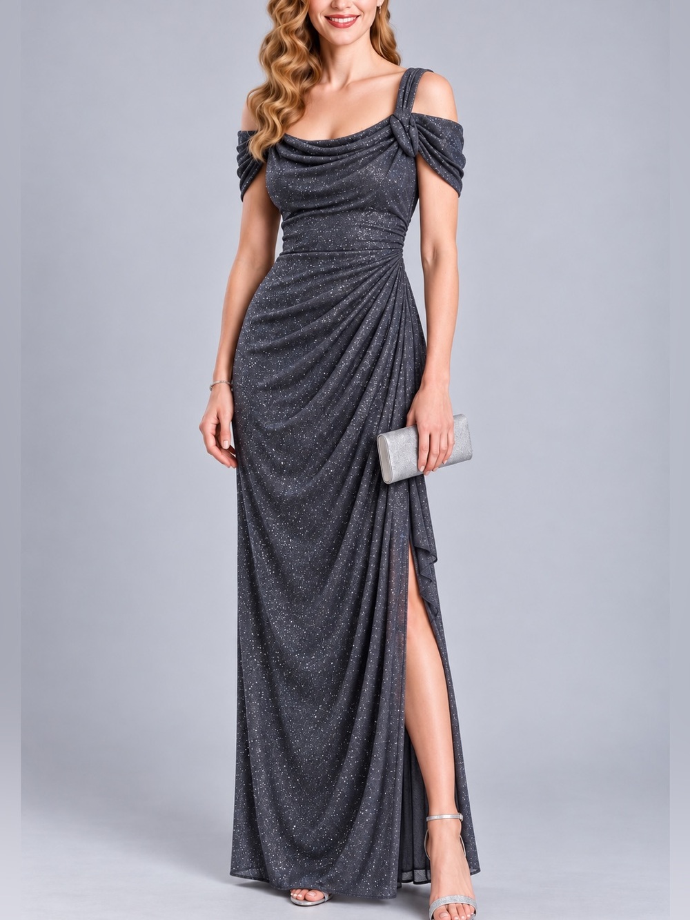 🆕🪙 Alex Evenings NWT Size 16 Smoke Gray Glitter Cold Shoulder Ruched Maxi Gown